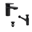 Robinet bec bas noir ROB + bonde sans trop plein LIV + siphon SIMON