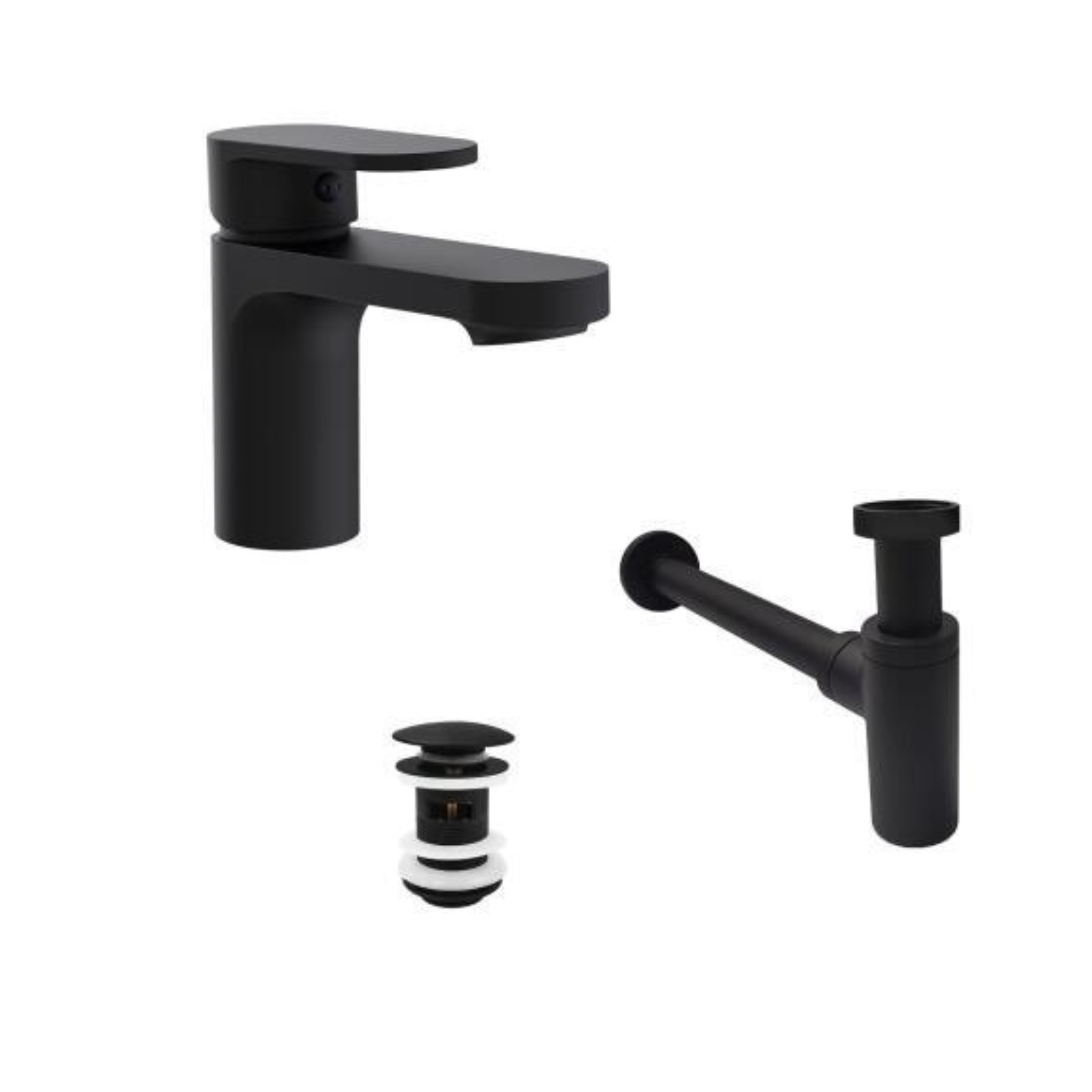 Robinet bec bas noir ROB + bonde avec trop plein CLINT + siphon SIMON