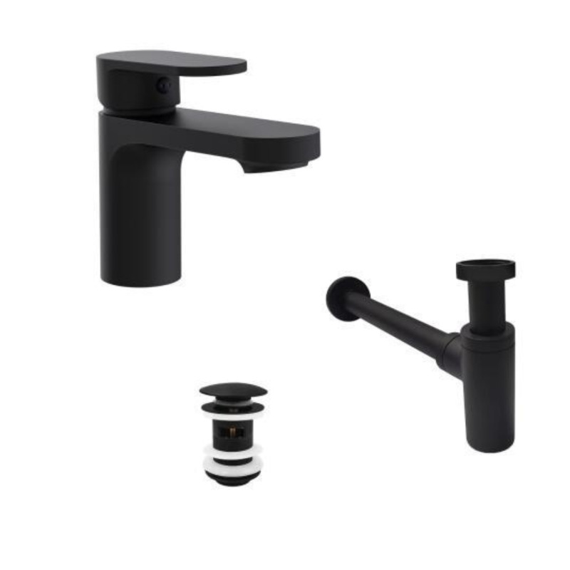 Robinet bec bas noir ROB + bonde avec trop plein CLINT + siphon SIMON