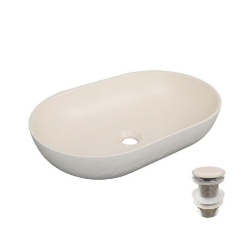 Vasque à poser ovale en béton travertin 53x35cm FLORE + bonde JAMES