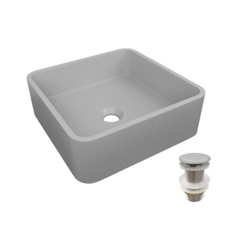 Vasque à poser carrée en béton brossé 36x36cm ARTEA + bonde JAMES