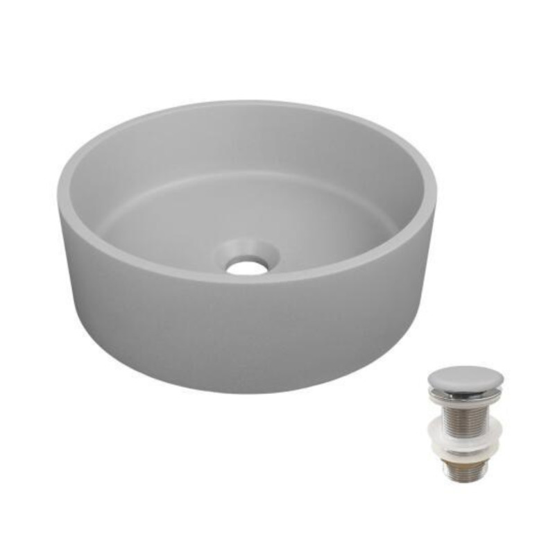 Vasque à poser ronde en béton lisse 36x36cm ALAN + bonde JAMES