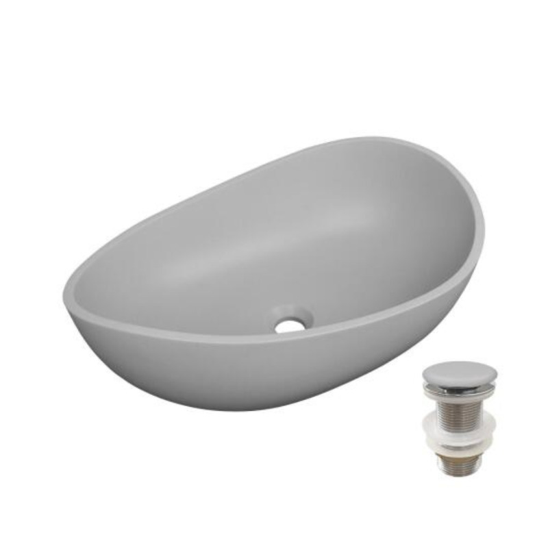 Vasque à poser organique en béton lisse 57x37cm IRIS + bonde JAMES