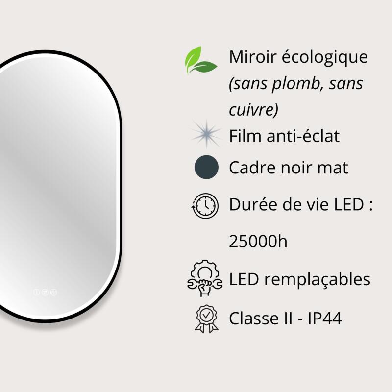 Miroir LED ovale avec carde en alu noir LYSEA