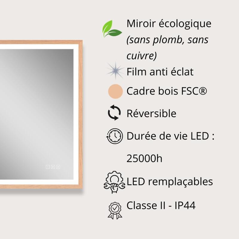 Miroir LED rectangulaire avec cadre en bois GLIMMA