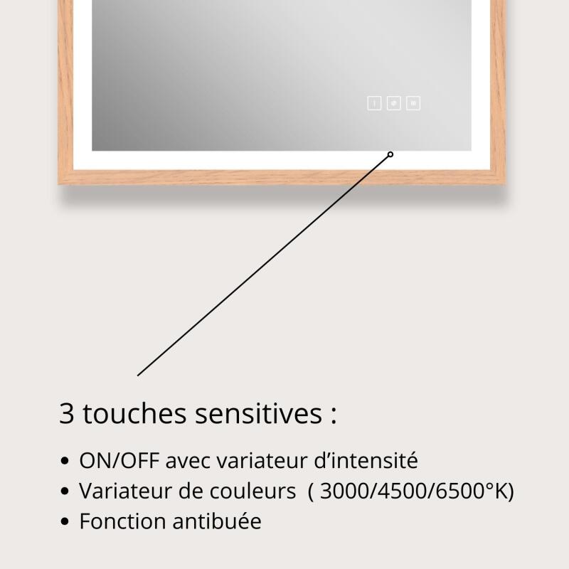 Miroir LED rectangulaire avec cadre en bois GLIMMA