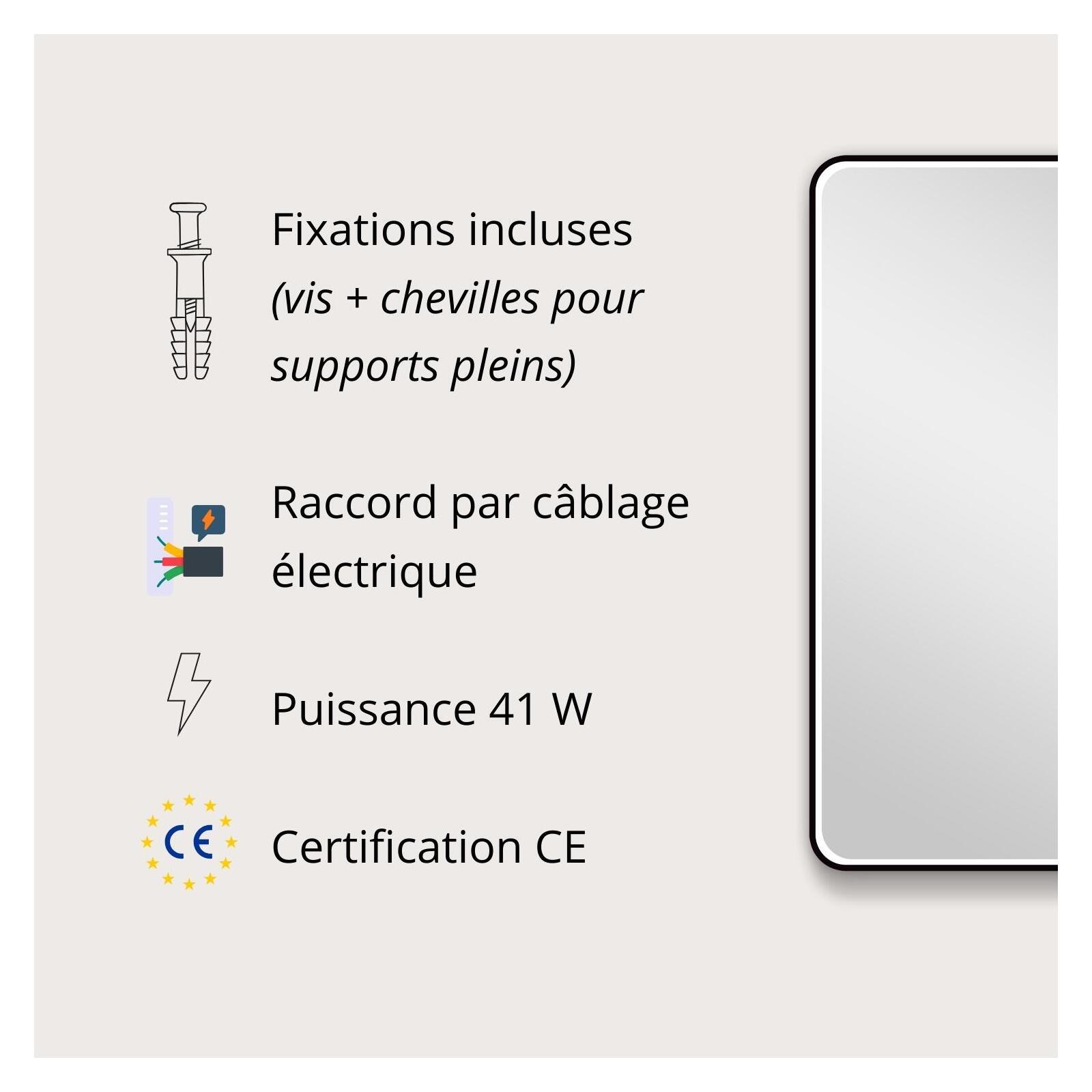 Miroir LED rectangulaire 90x40cm avec cadre alu noir