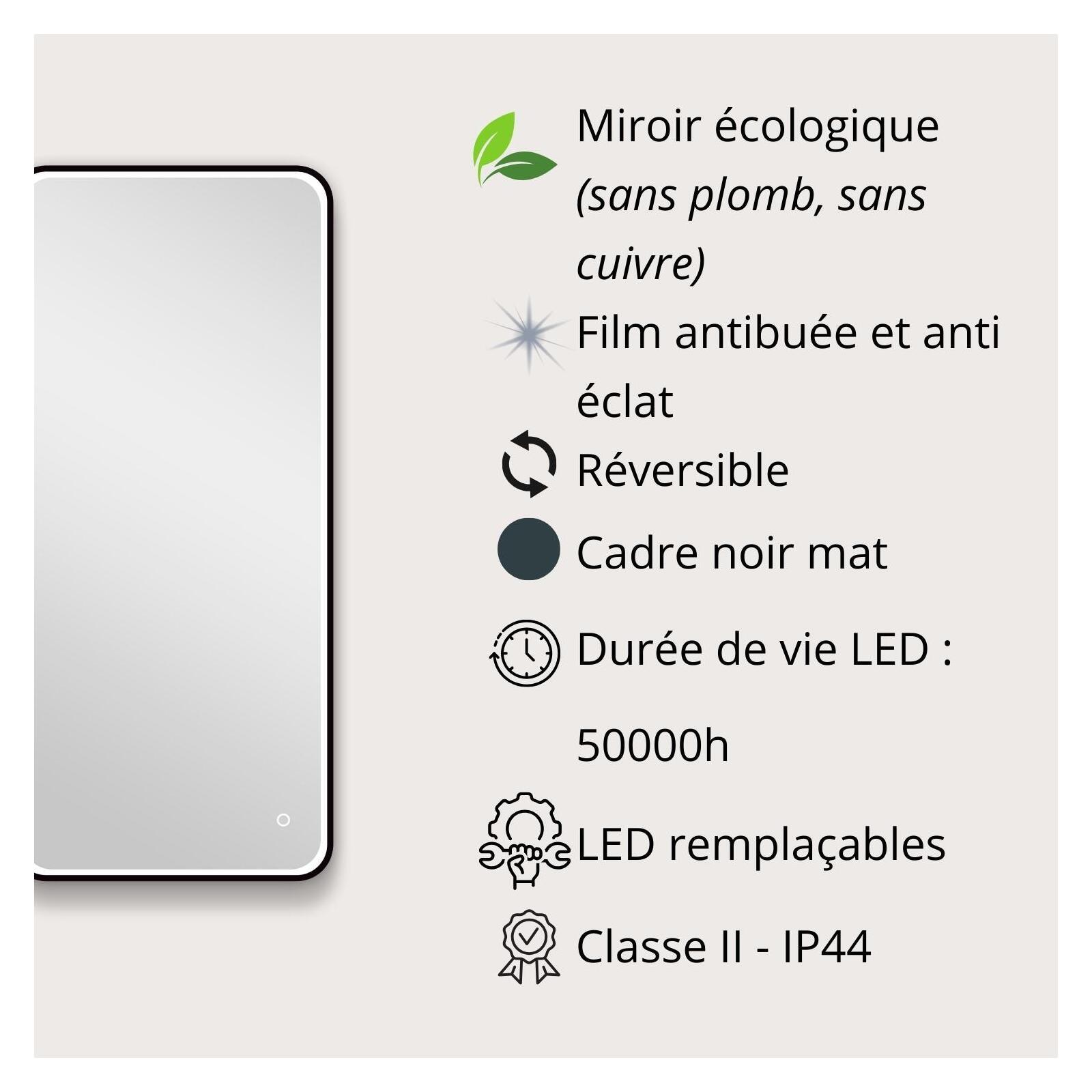 Miroir LED rectangulaire 90x40cm avec cadre alu noir