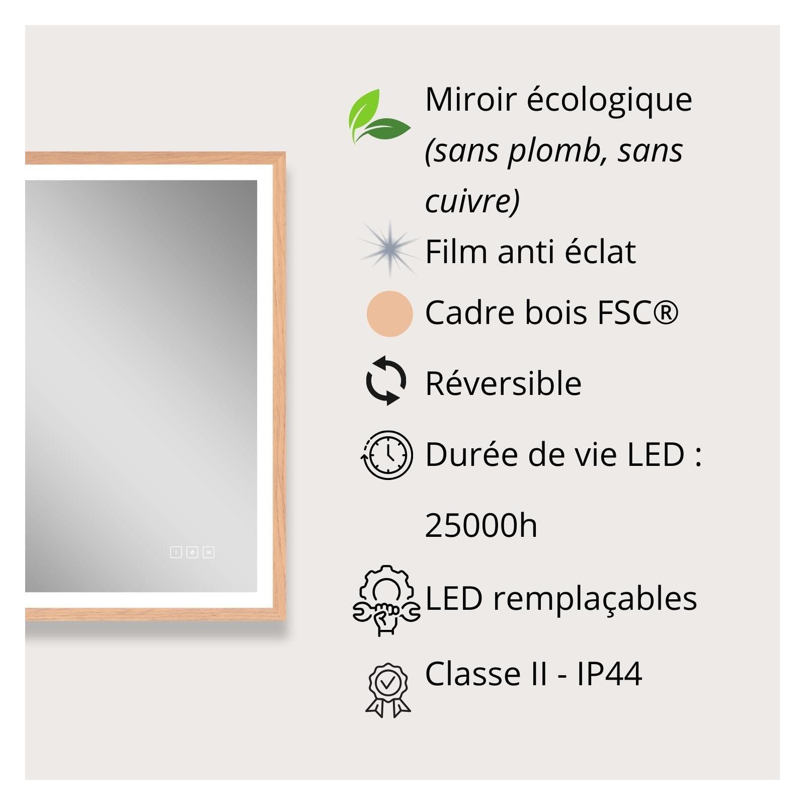 Miroir LED rectangulaire 75x60cm avec cadre en bois