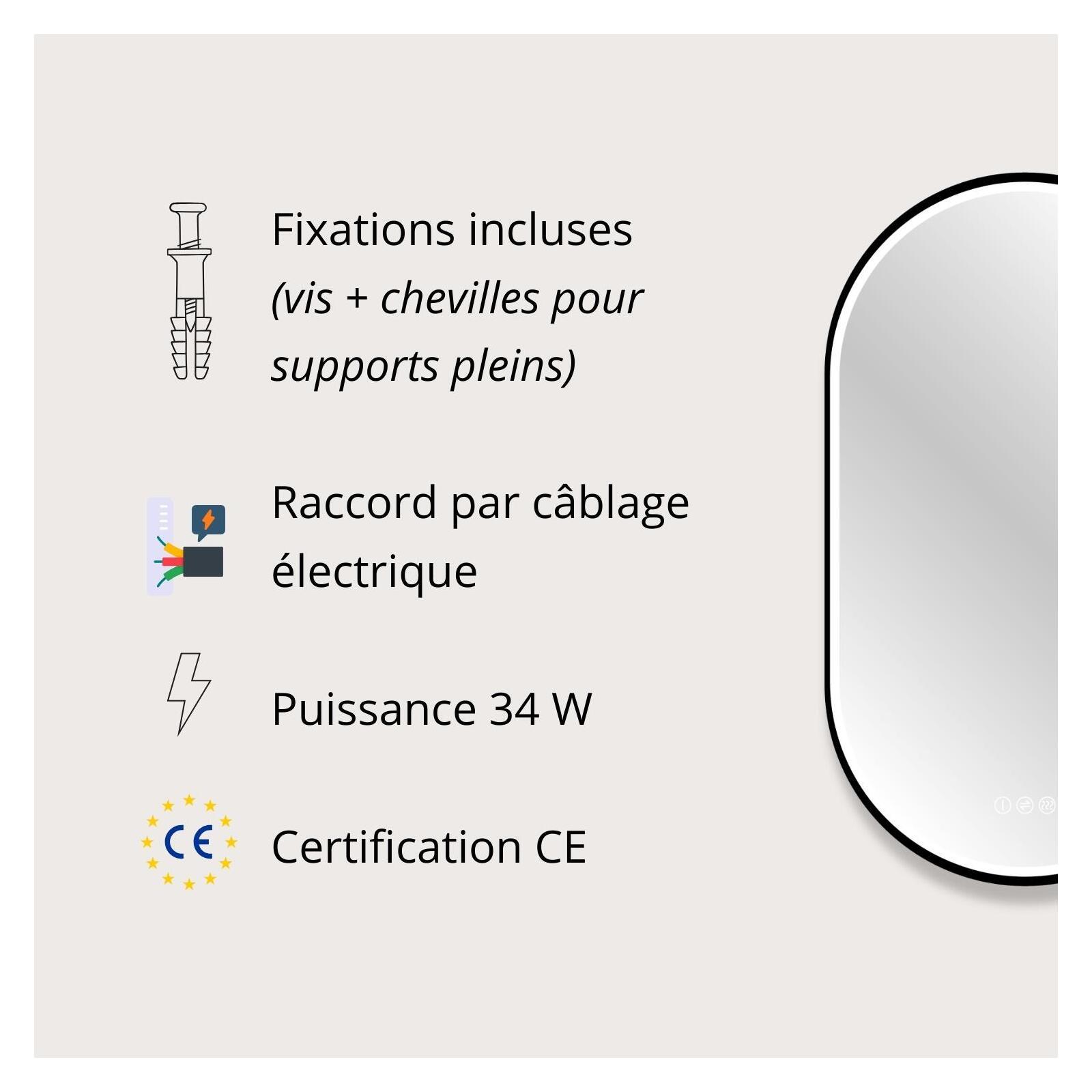 Miroir LED ovale 90x50cm avec carde alu noir