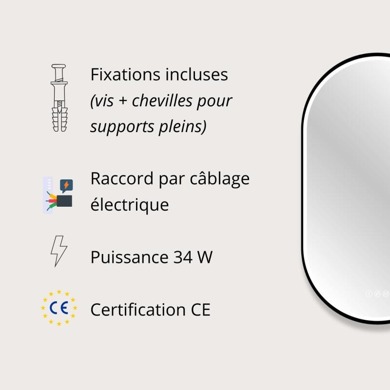 Miroir LED ovale 90x50cm avec carde alu noir