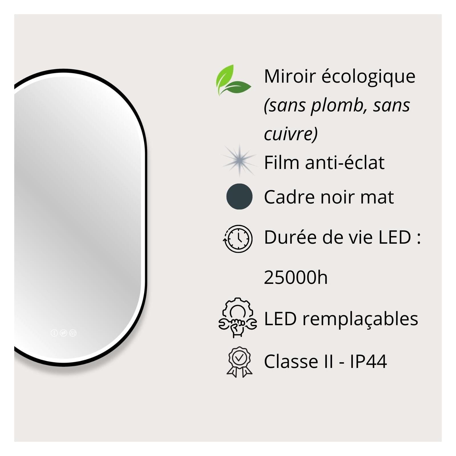 Miroir LED ovale 90x50cm avec carde alu noir