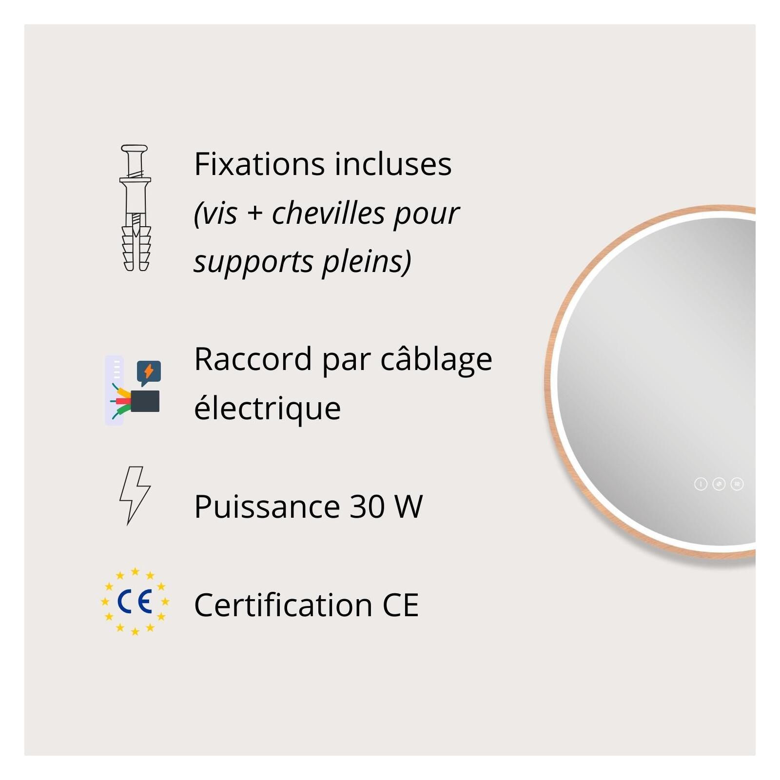 Miroir LED rond D60 cm avec cadre en bois