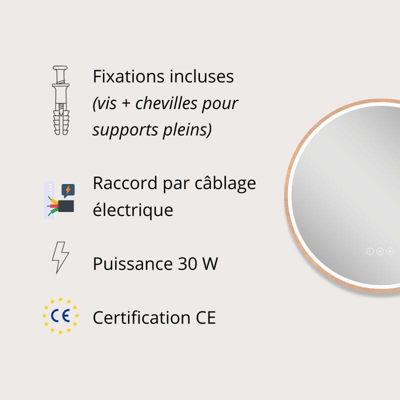 Miroir LED rond D60 cm avec cadre en bois