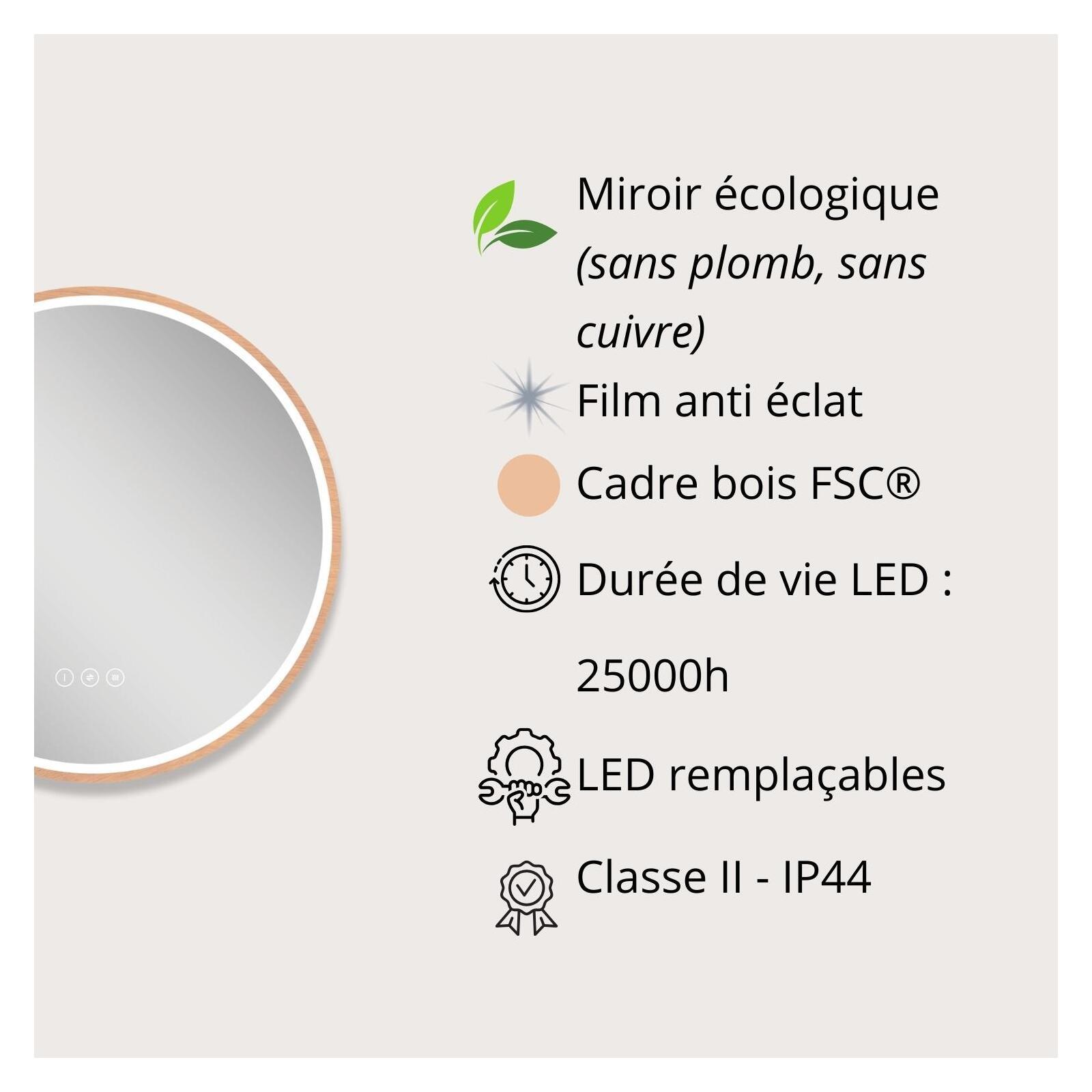 Miroir LED rond D60 cm avec cadre en bois