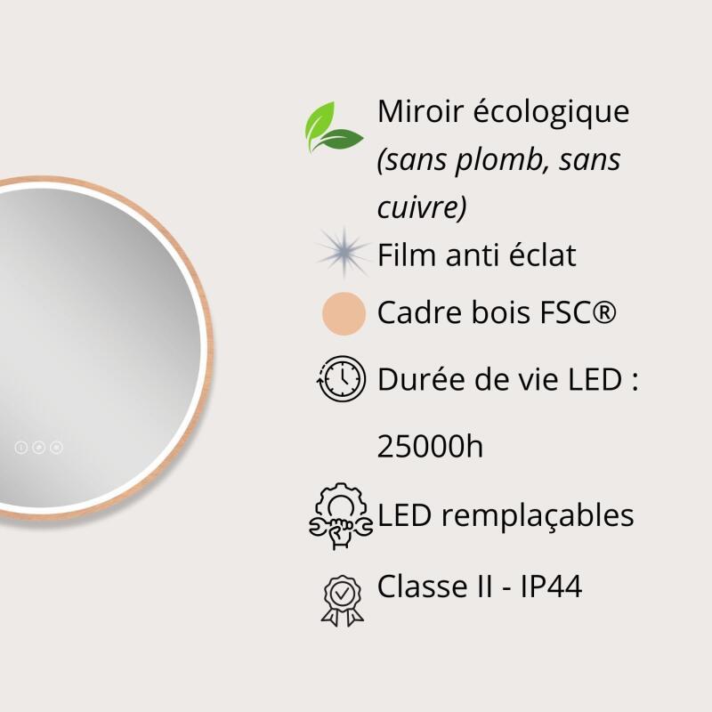 Miroir LED rond D60 cm avec cadre en bois