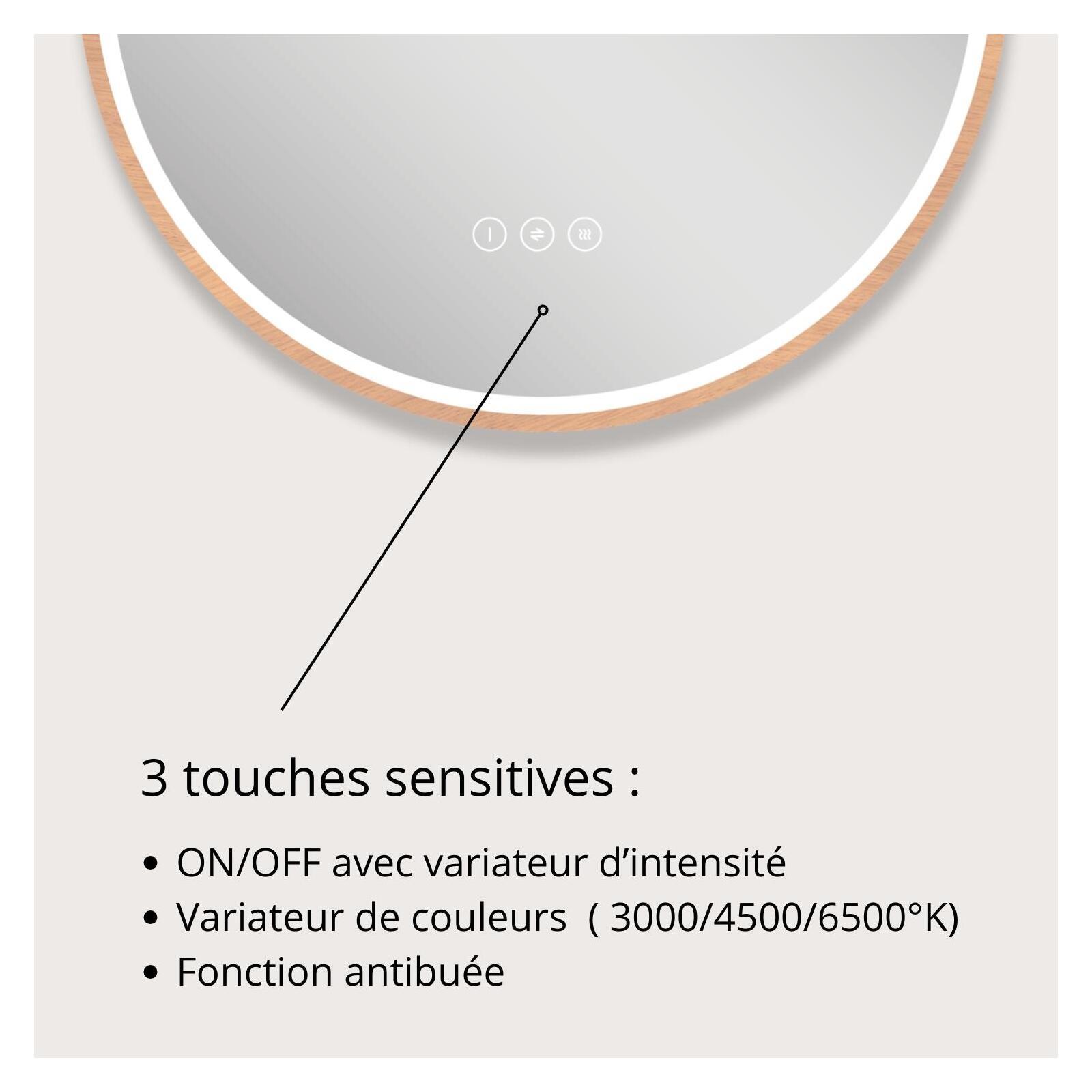 Miroir LED rond D60 cm avec cadre en bois