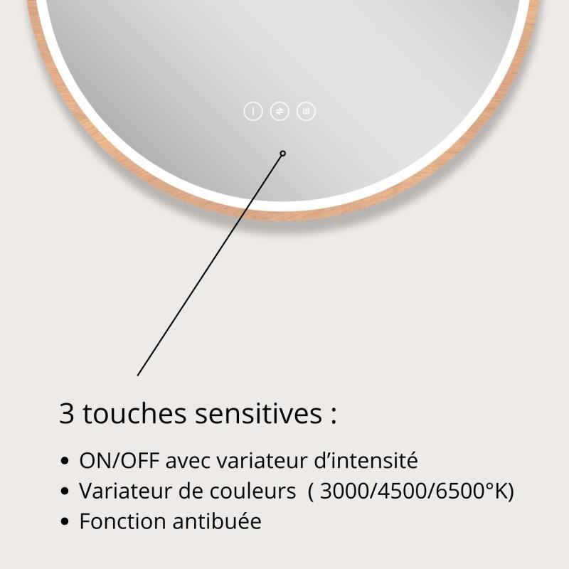 Miroir LED rond D60 cm avec cadre en bois