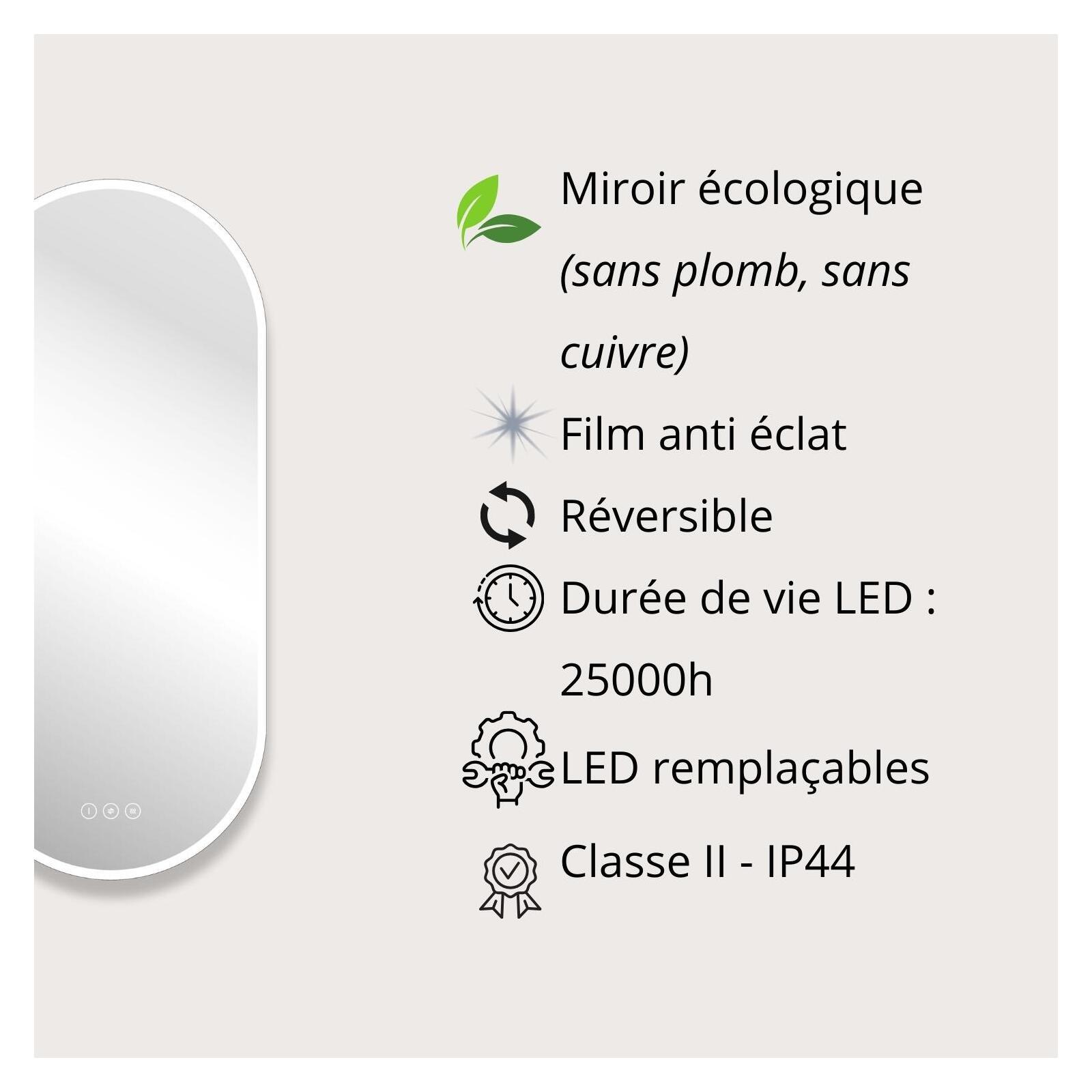 Miroir LED ovale 90x40cm avec rétroéclairage