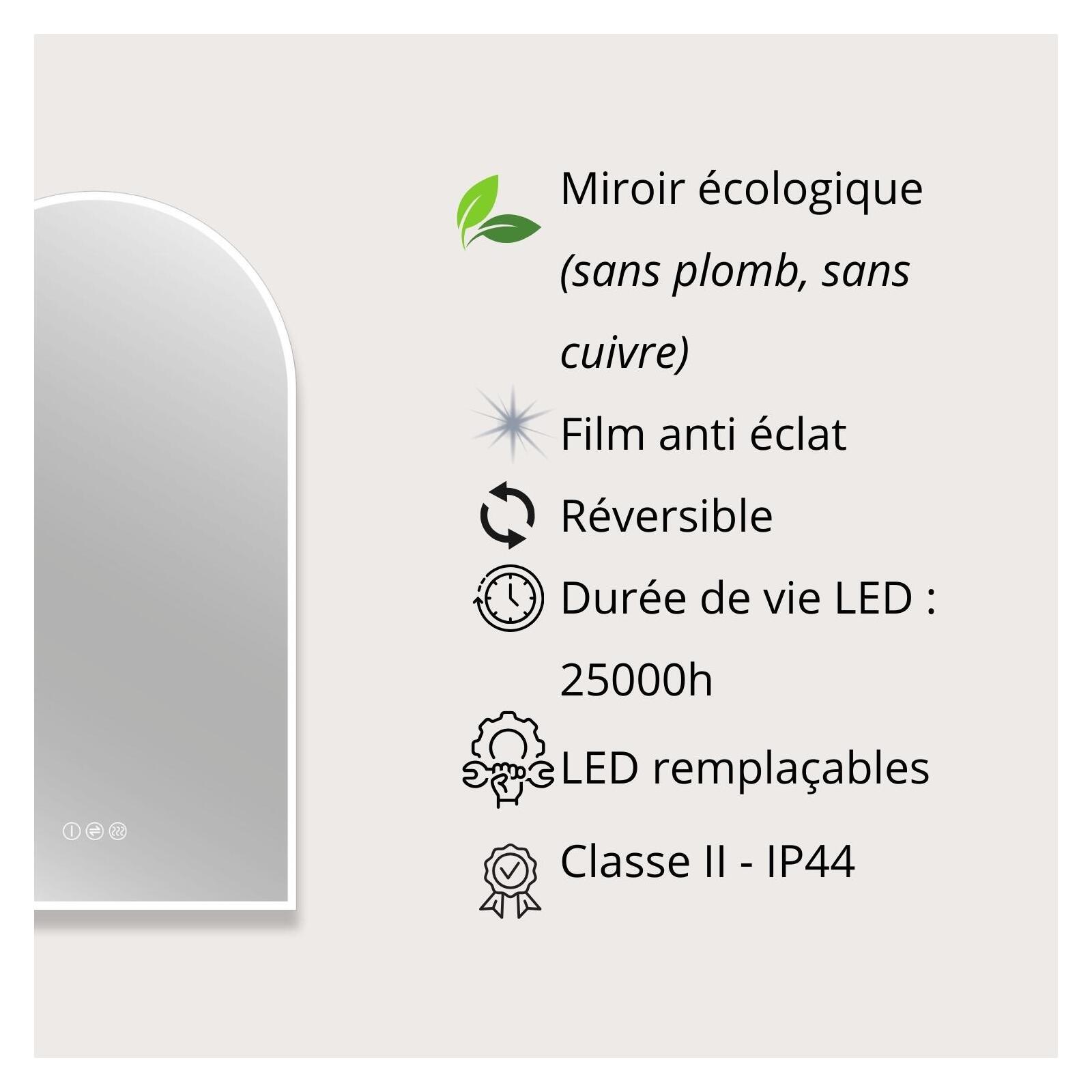 Miroir LED arche 90x50cm avec rétroéclairage