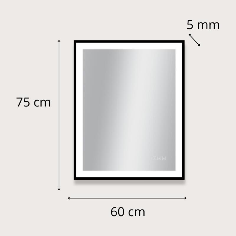 Miroir LED rectangulaire H75cm avec cadre alu noir