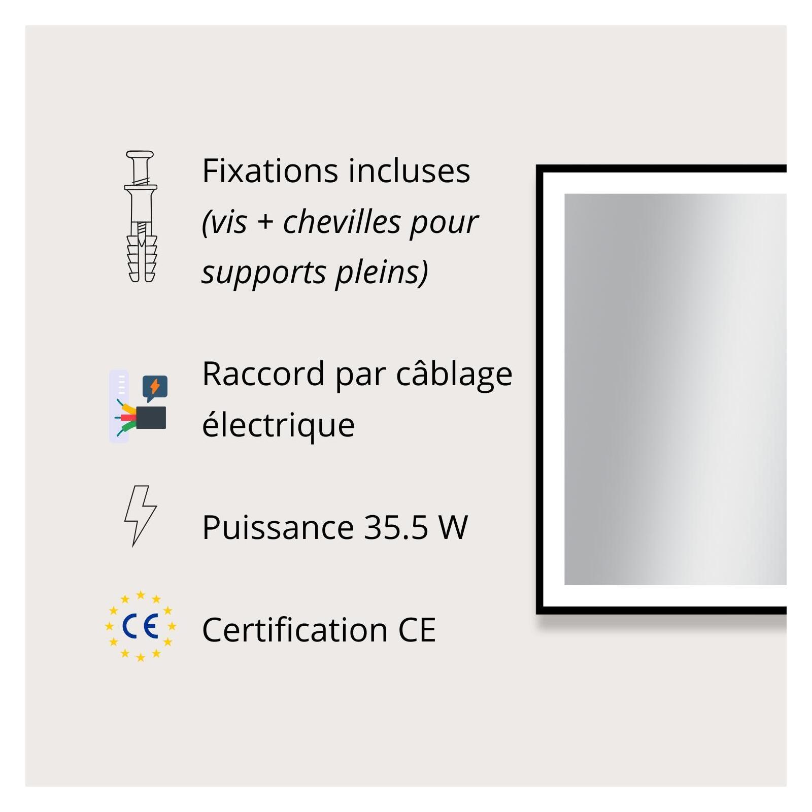 Miroir LED rectangulaire H75cm avec cadre alu noir