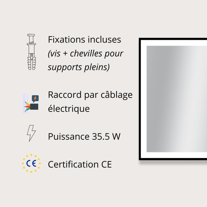 Miroir LED rectangulaire H75cm avec cadre alu noir