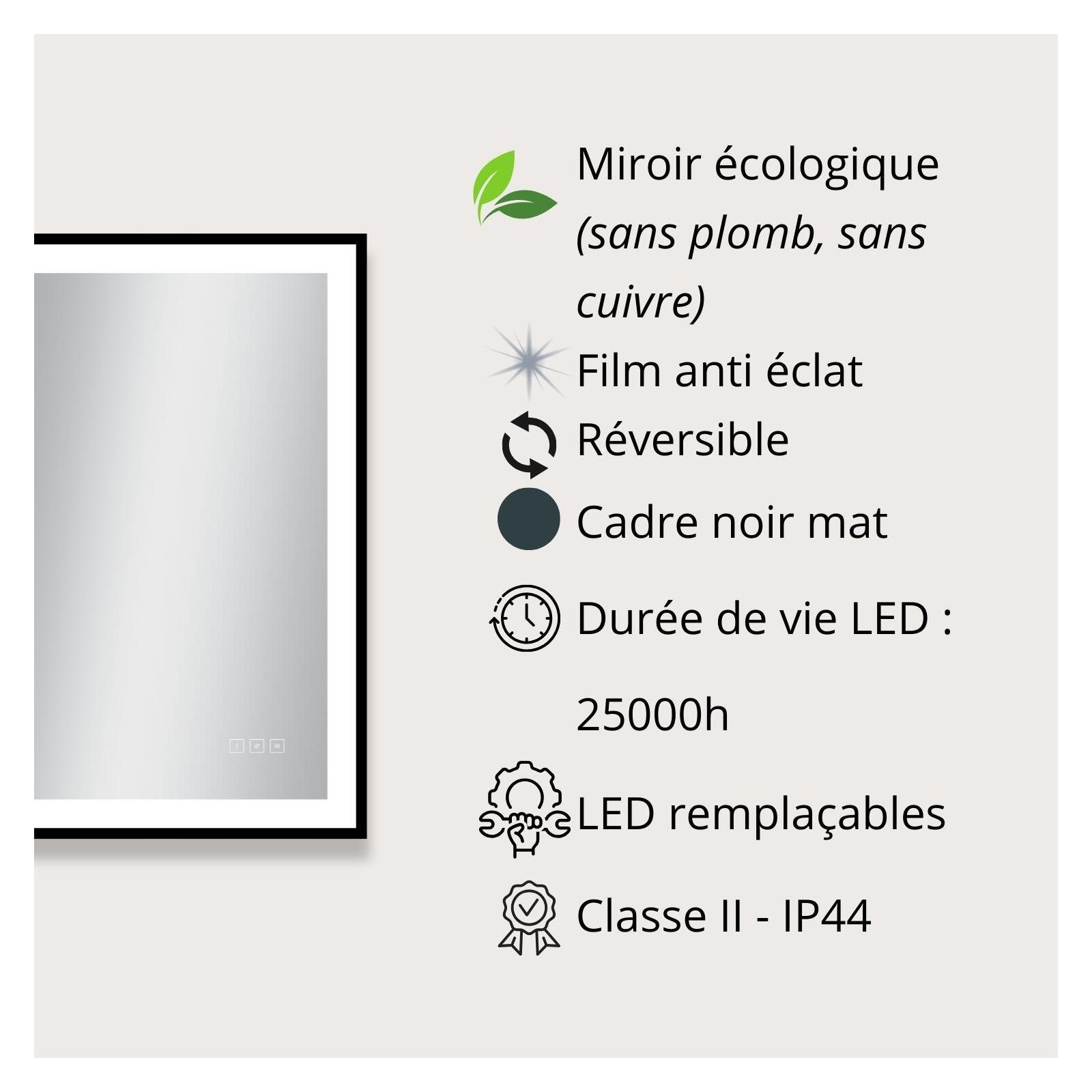 Miroir LED rectangulaire H75cm avec cadre alu noir