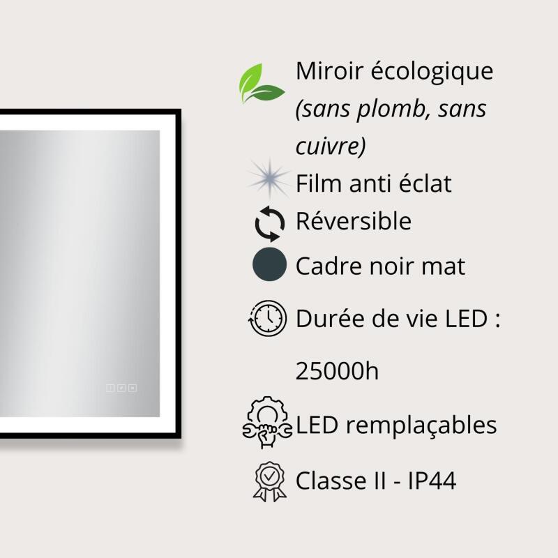 Miroir LED rectangulaire H75cm avec cadre alu noir