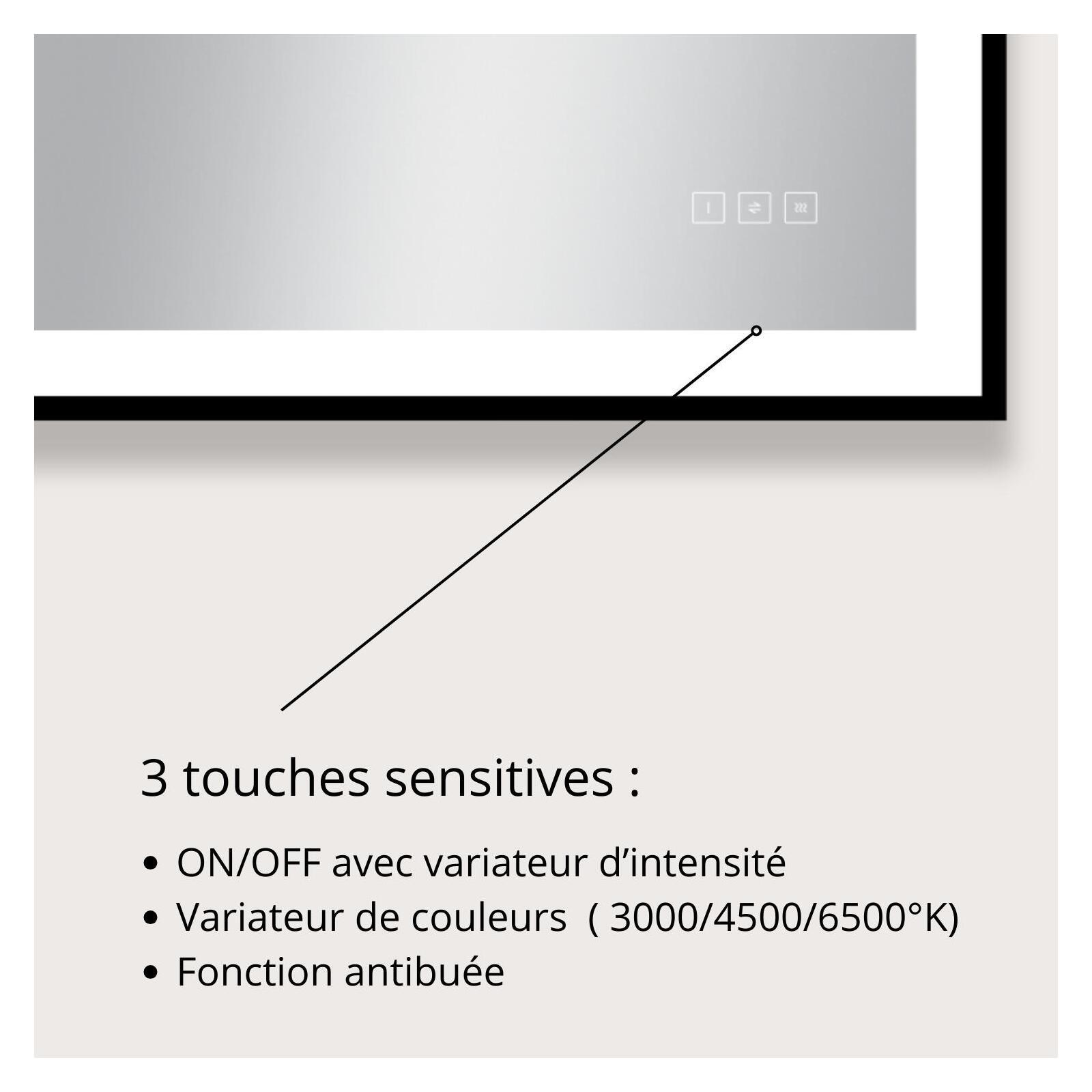 Miroir LED rectangulaire H75cm avec cadre alu noir