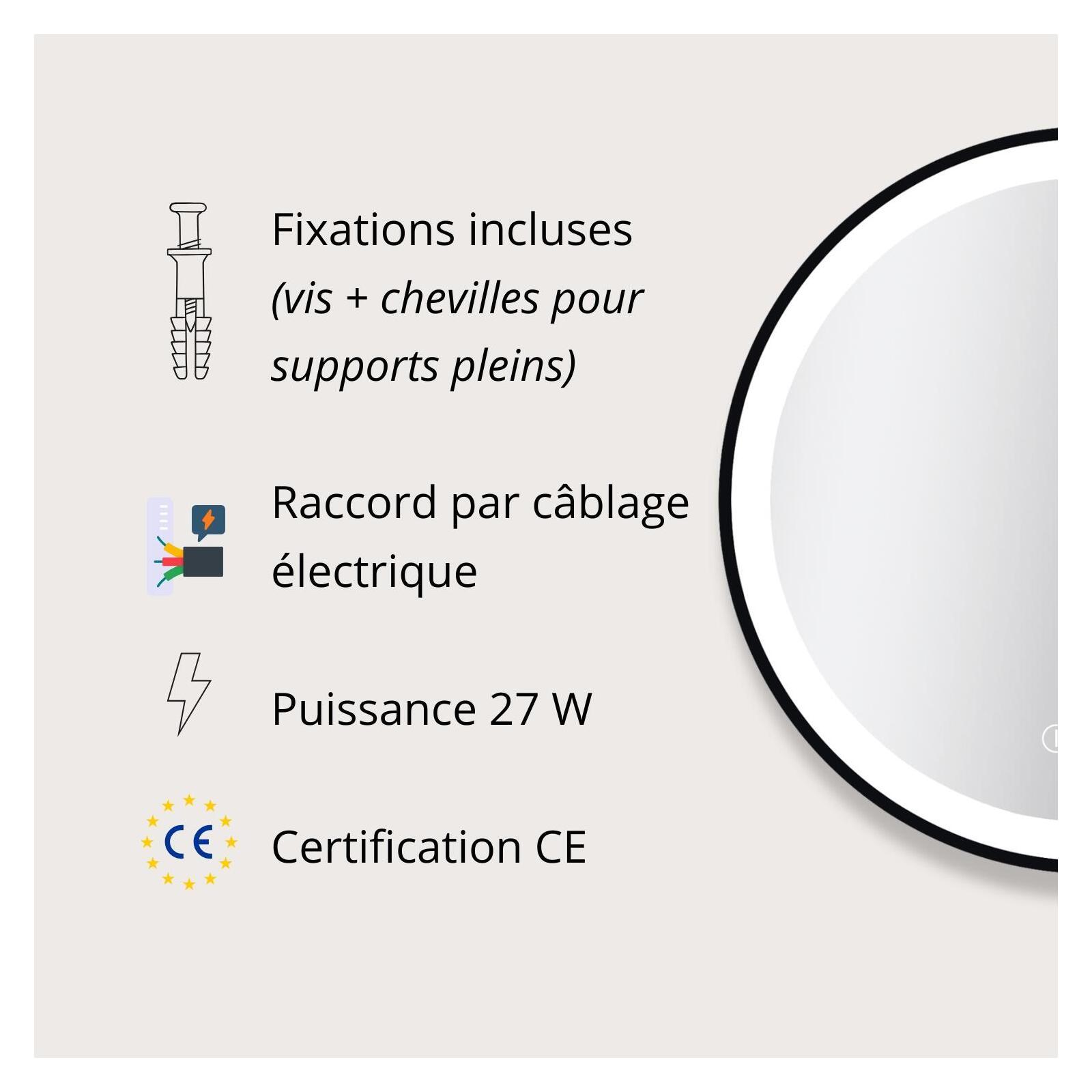 Miroir LED rond D60/120cm avec cadre alu noir