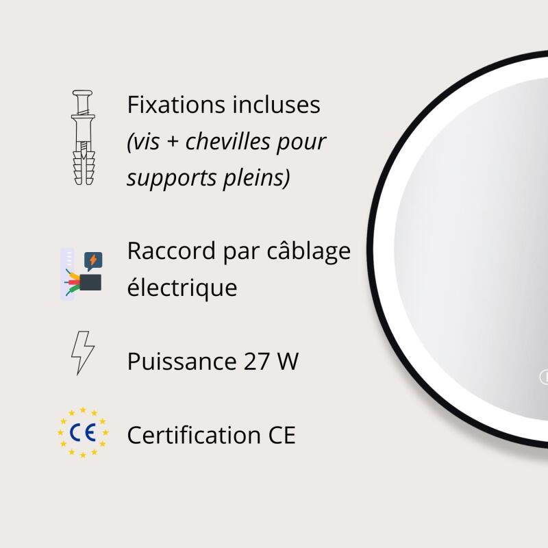 Miroir LED rond D60/120cm avec cadre alu noir