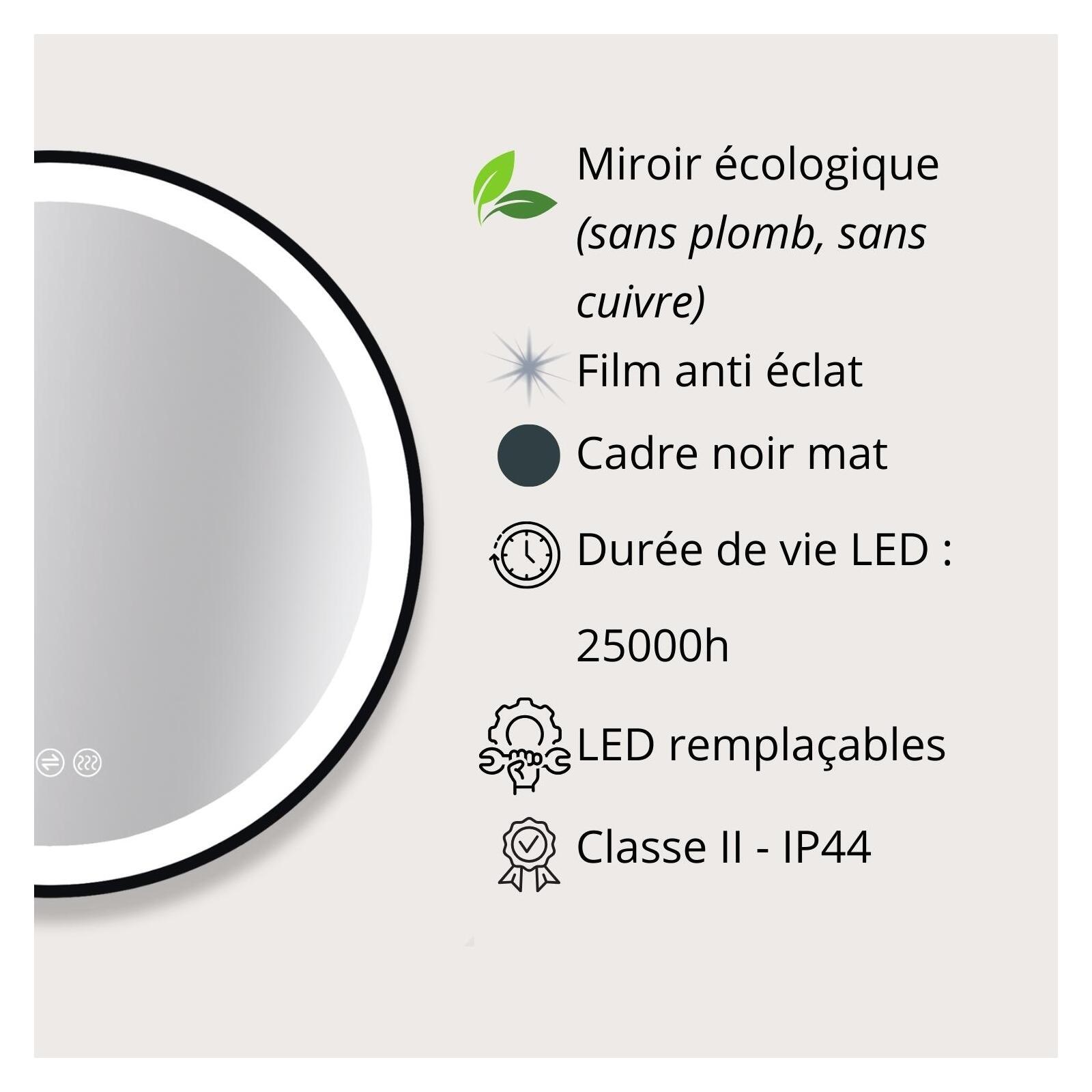 Miroir LED rond D60/120cm avec cadre alu noir