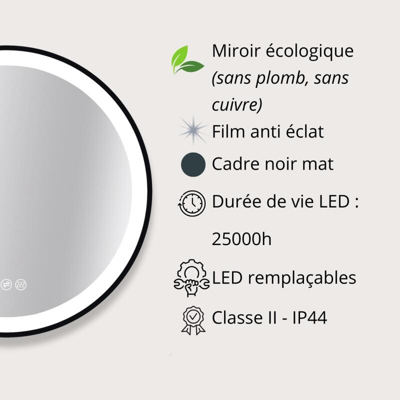 Miroir LED rond D60/120cm avec cadre alu noir