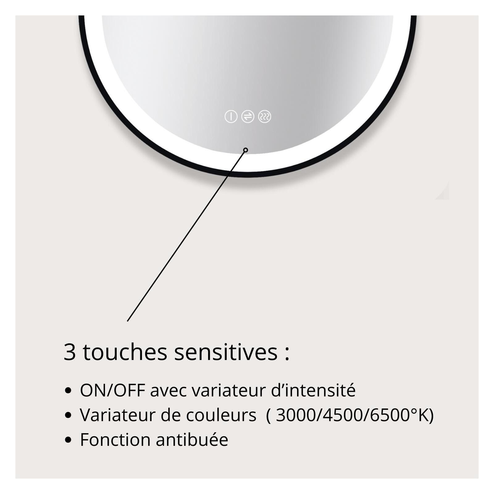 Miroir LED rond D60/120cm avec cadre alu noir