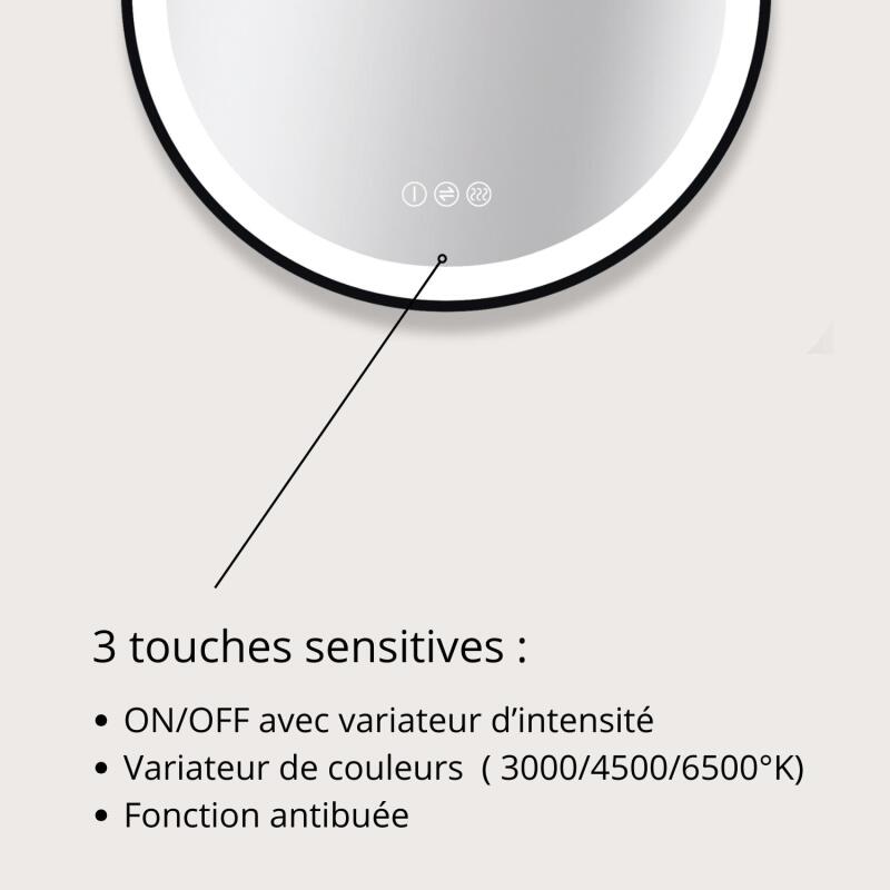 Miroir LED rond D60/120cm avec cadre alu noir