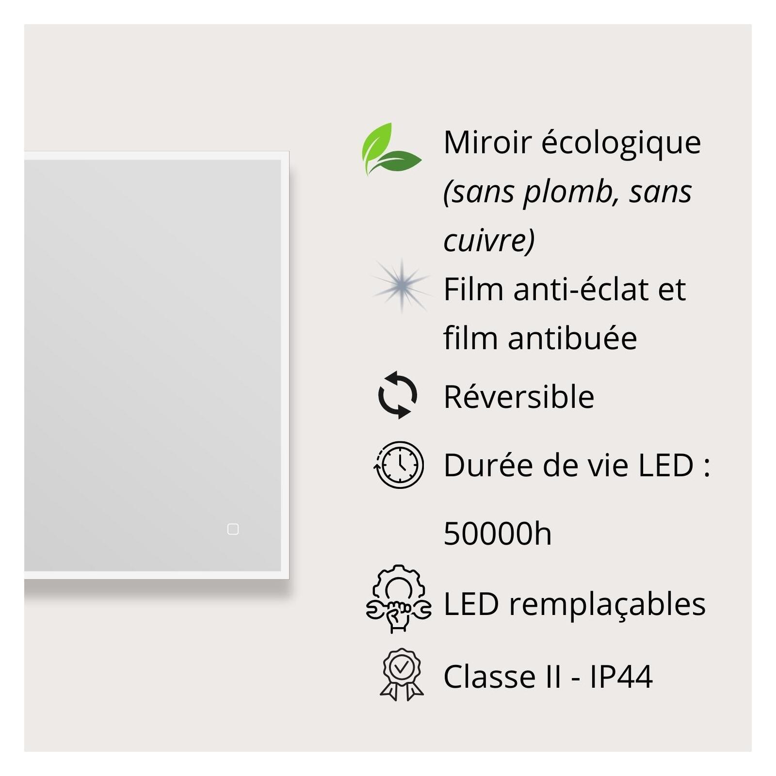 Miroir LED rectangulaire L60/80cm cadre rétro-éclairé