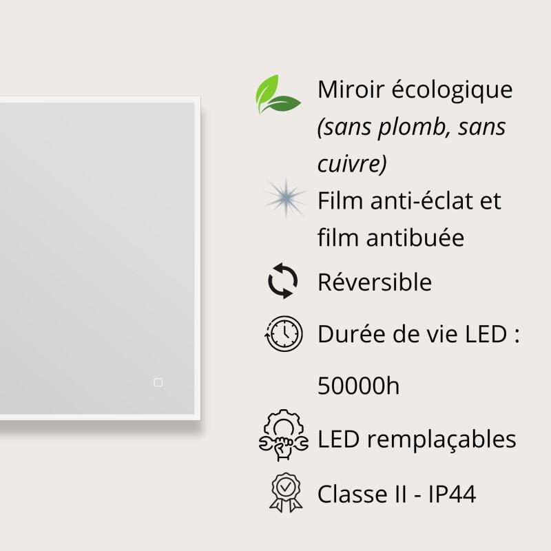Miroir LED rectangulaire L60/80cm cadre rétro-éclairé