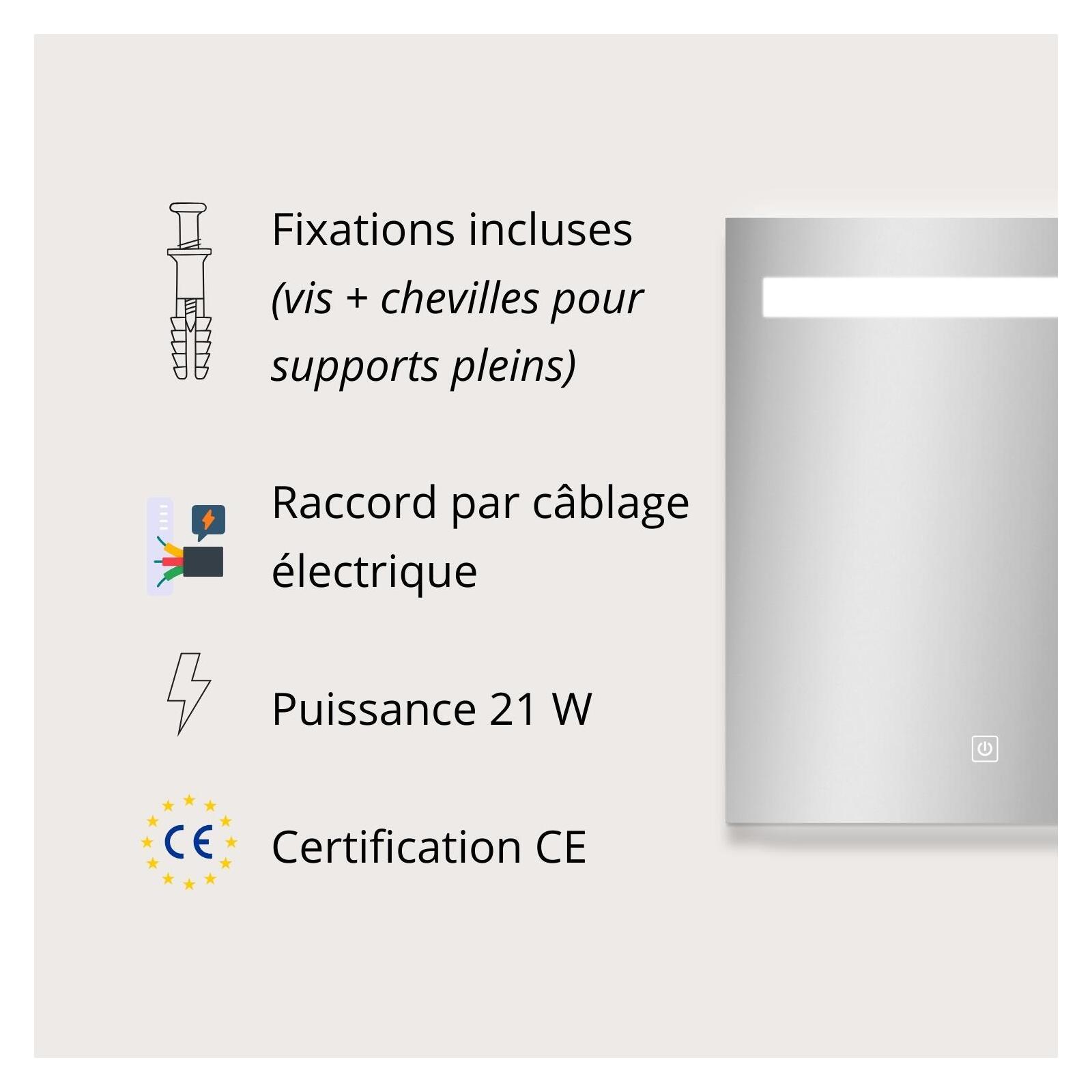 Miroir LED rectangulaire L60/80cm avec variateur