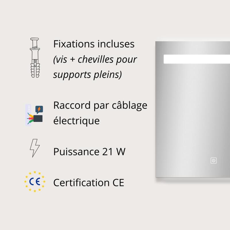 Miroir LED rectangulaire L60/80cm avec variateur