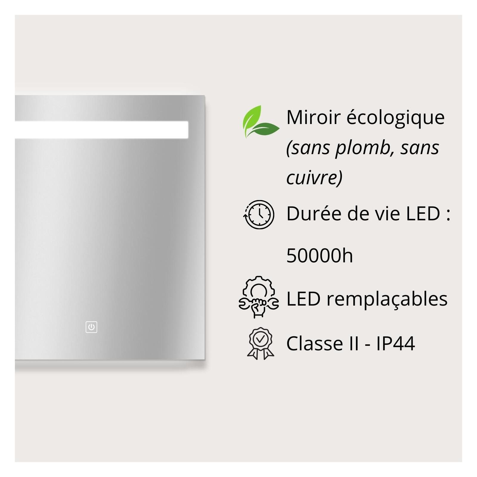 Miroir LED rectangulaire L60/80cm avec variateur