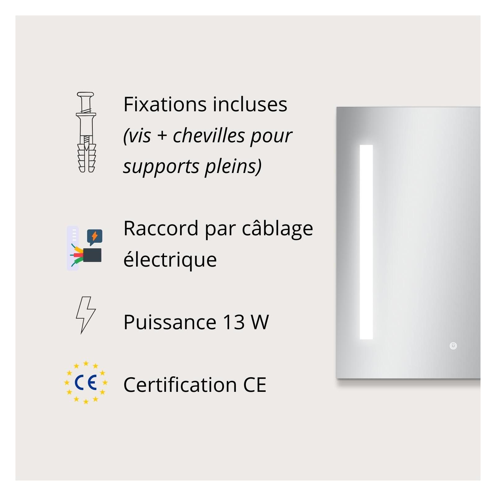 Miroir LED rectangulaire L 60/80cm éclairage latéral