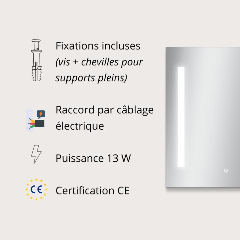 Miroir LED rectangulaire L 60/80cm éclairage latéral