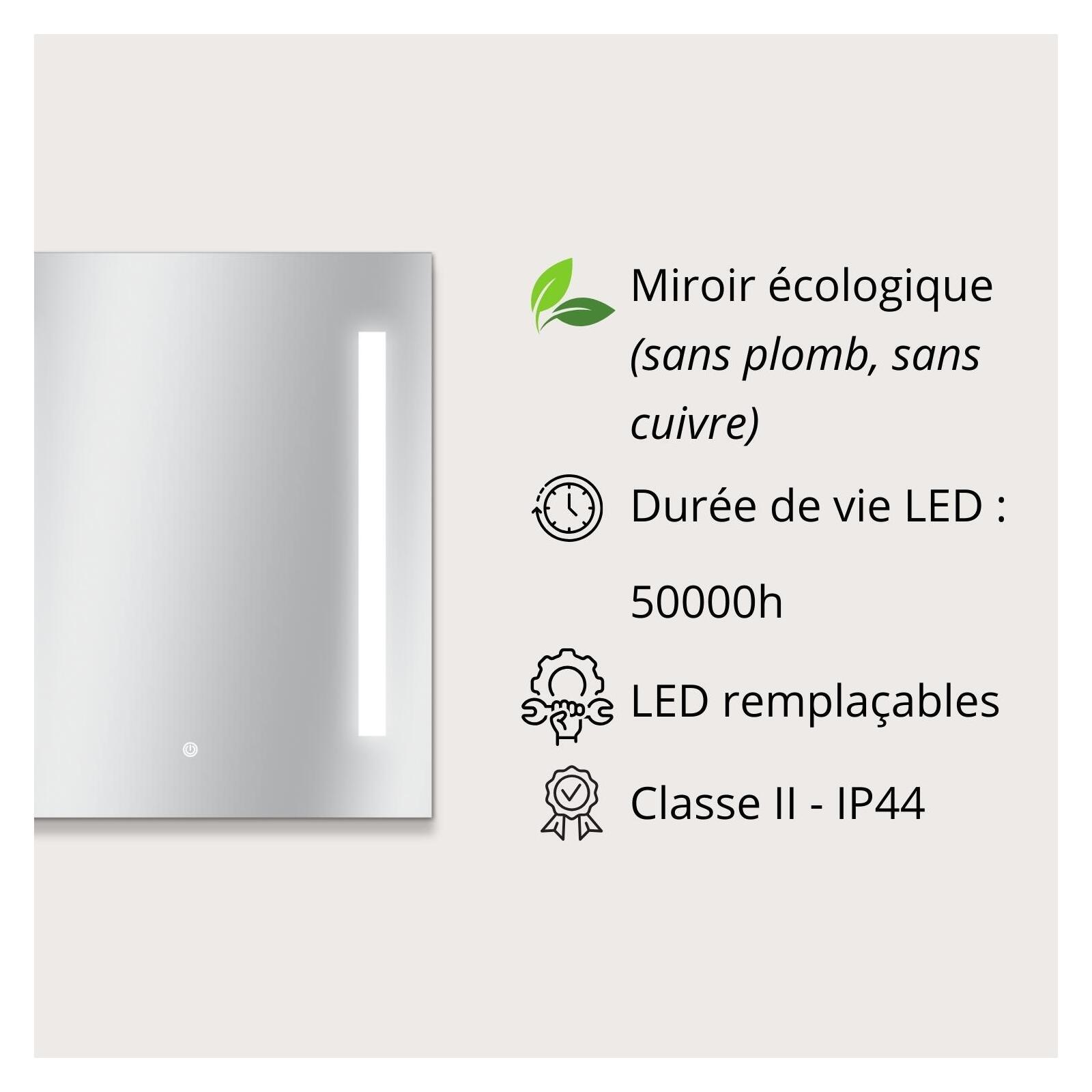 Miroir LED rectangulaire L 60/80cm éclairage latéral