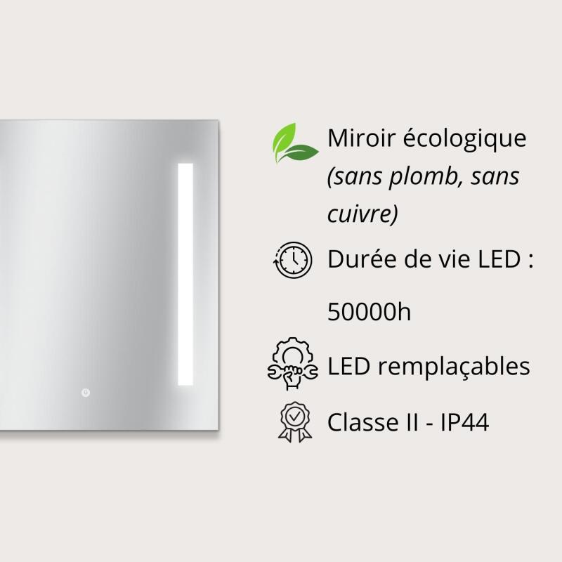 Miroir LED rectangulaire L 60/80cm éclairage latéral