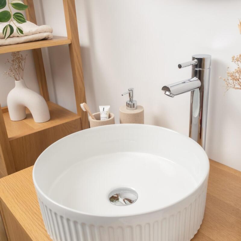 Vasque à poser ronde en céramique blanc texturé 36x36cm