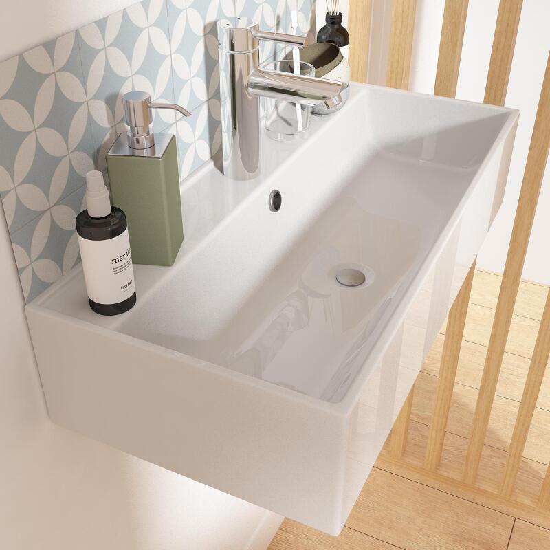 Vasque à poser ou suspendre rectangle en céramique blanche 65x31cm