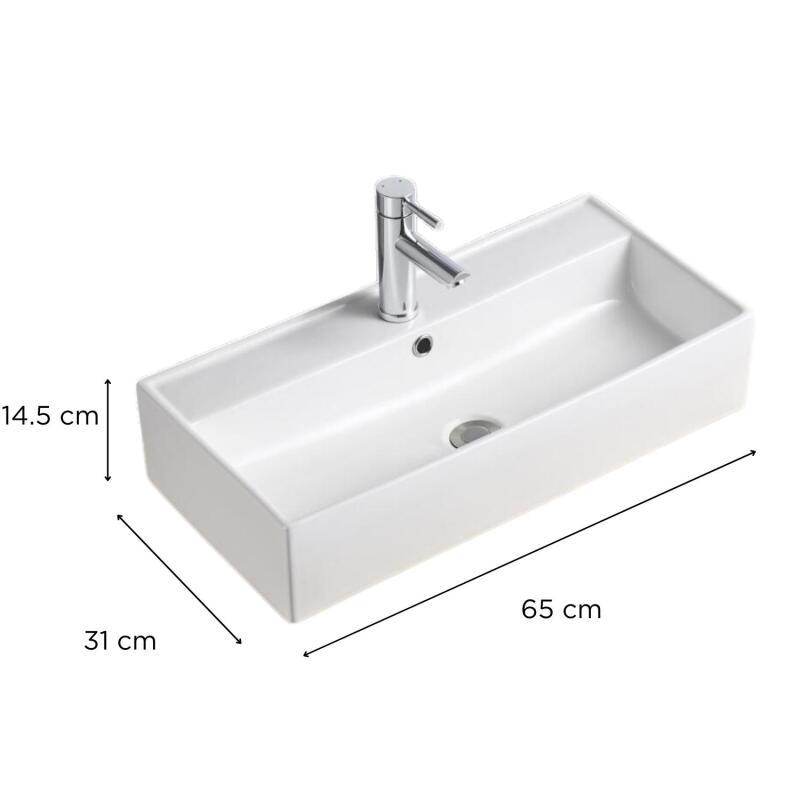Vasque à poser ou suspendre rectangle en céramique blanche 65x31cm