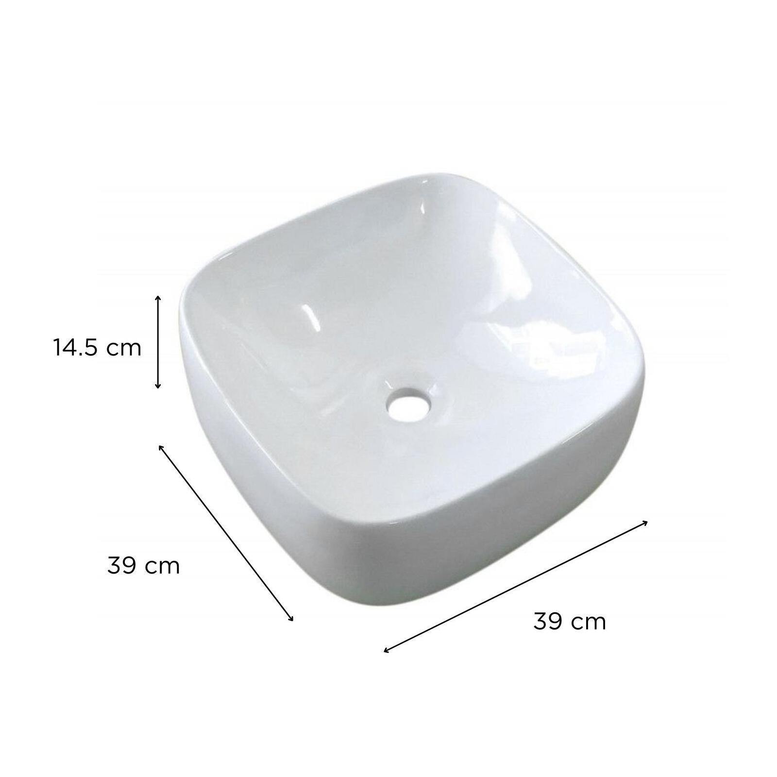 Vasque blanche carrée à poser en céramique largeur 39cm - INU - Vue avec dimensions Vasque blanche carrée à poser en céramique largeur 39cm - INU - Vue avec dimensions
