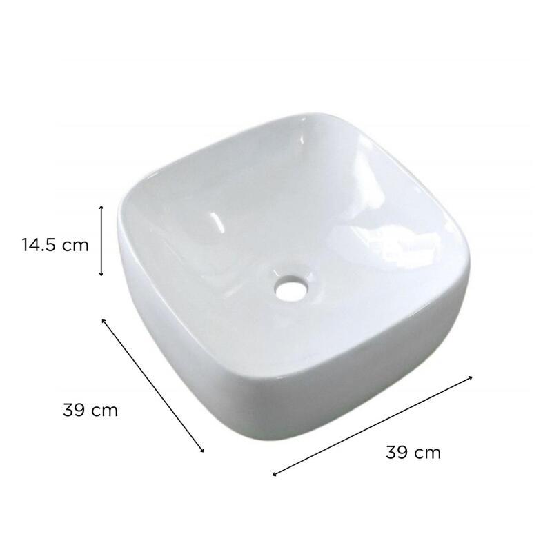 Vasque blanche carrée à poser en céramique largeur 39cm - INU - Vue avec dimensions
